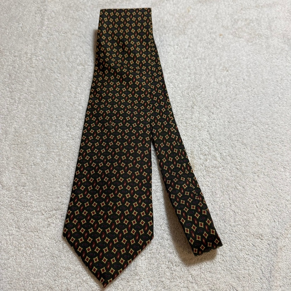 Rubinacci Italy Silk Tie Olive Green Burgundy Gold Paisley Geometric Print